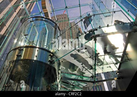 Ascensore e scale presso l'entrata di vetro cubus, negozio Apple Store Fifth Avenue, USA, New York City, Manhattan Foto Stock