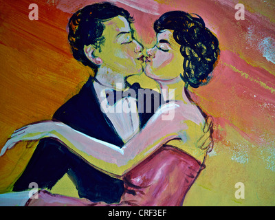 Pop art pittura di un ragazzo e ragazza baciare. C. anni '50. Thailandia S.E. Asia Foto Stock