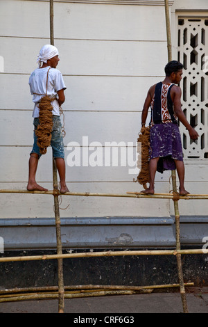 Myanmar Birmania, Yangon. Uomini al lavoro su impalcature di bambù. Foto Stock