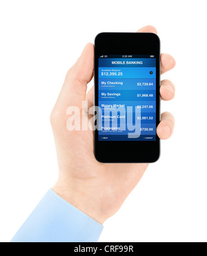 Mano azienda mobile smart phone con mobile banking applicazione su uno schermo. Isolato su bianco. Foto Stock