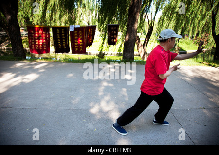 Le persone prendono la loro mattinata tai chi chuan esercizio di Zizhuyuan Park (Purple Bamboo Park) a Pechino, in Cina. Foto Stock