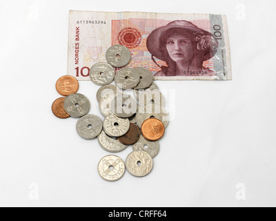 Corone norvegesi di banconote e monete - Ore, 1 krone, 5 Krone e 100 kroner Foto Stock