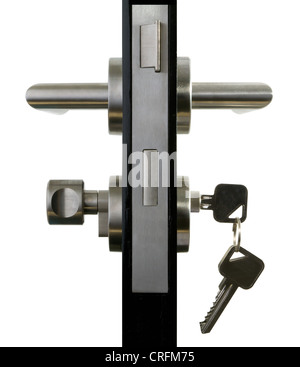 Porta alluminio manopola sullo sportello nero lo sfondo bianco. Foto Stock