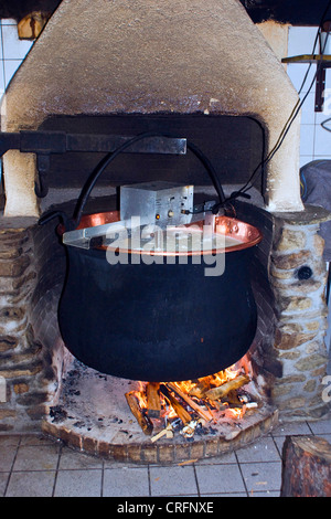 Produzione di formaggio artigianale: fuoco per riscaldare il latte in un recipiente grande, Svizzera Vallese, Taeschalp, Zermatt Foto Stock