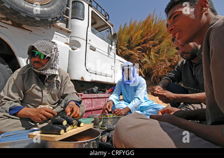 Gli uomini preparano il pasto nella parte anteriore di una macchina, Egitto, White Desert National Park Foto Stock