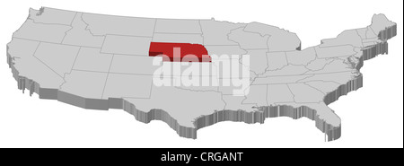 Mappa politica degli Stati Uniti con i vari Stati in cui Nebraska è evidenziata. Foto Stock