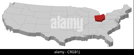 Mappa politica degli Stati Uniti con i vari Stati in cui Ohio è evidenziata. Foto Stock