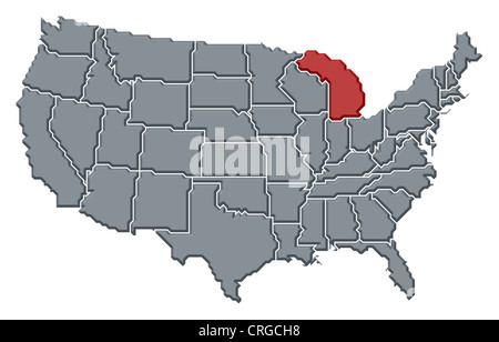 Mappa politica degli Stati Uniti con i vari Stati in cui Michigan è evidenziata. Foto Stock