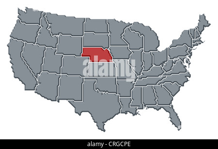 Mappa politica degli Stati Uniti con i vari Stati in cui Nebraska è evidenziata. Foto Stock