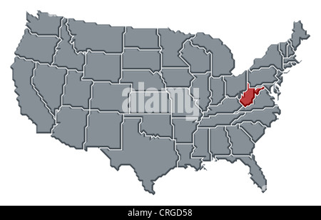 Mappa politica degli Stati Uniti con i vari Stati in cui West Virginia è evidenziata. Foto Stock