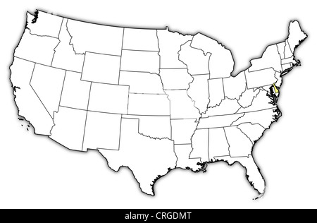 Mappa politica degli Stati Uniti con i vari Stati in cui il Delaware è evidenziata. Foto Stock