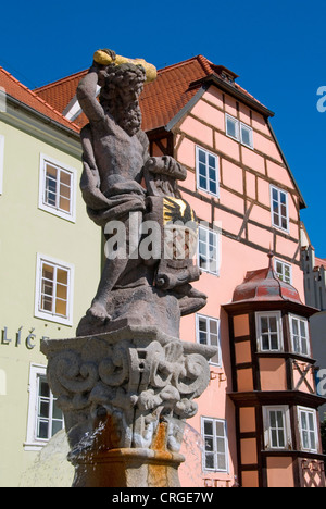 Fontana con la statua di "uomo selvatico' di fronte Spalicek, Repubblica Ceca, Cheb Foto Stock