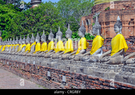 Statue di Buddha attorno alla grande Chedi Chaya Mongkol, Thailandia, Ayutthaya, Wat Yai Chai Mongkon Foto Stock