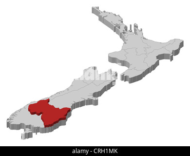 Mappa Politico della Nuova Zelanda con le varie regioni di Otago dove viene evidenziato. Foto Stock