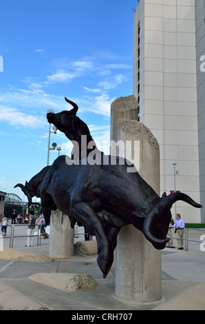 La scultura in bronzo di tori infuria davanti al Reliant Stadium. Houston Texas, Stati Uniti d'America. Foto Stock