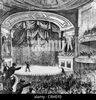 Assassinio del Presidente Lincoln; l'assassino ritirandosi in tutta la fase e il sig. Stewart arrampicata su di esso per perseguire lui; la comparsa di Ford's Theatre, Washington D.C. dopo l'assassinio, 1865 Foto Stock