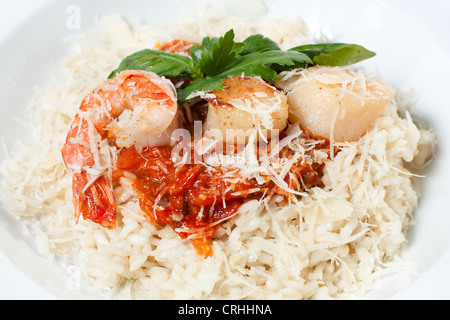 Riso con frutti di mare e salsa di pomodoro. Risotto su una piastra bianca Foto Stock