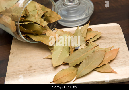 Essiccata foglie di alloro su un tagliere Foto Stock
