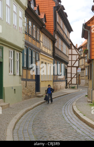 Ragazzo a piedi attraverso vicolo, Germania, Sassonia-Anhalt, Harz, Quedlinburg Foto Stock