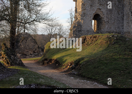 Si tratta di una foto del quartiere del castello medievale o fortezza di Domfront in Normandia in Francia. È in rovine distrutte Foto Stock