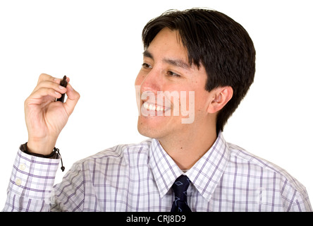 Business plan - uomo con penna a scrivere qualcosa sullo schermo Foto Stock