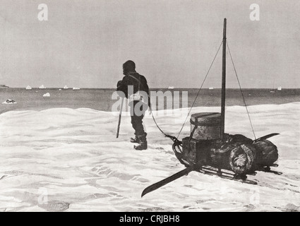 Il dottor Douglas Mawson arrivando troppo tardi per la sua nave il SY Aurora, durante la sua Australasian Antarctic Expedition, 1911 - 1913. Foto Stock