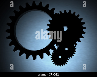 Ingegneria retroilluminato con ruote dentate sopra una texture metallica Foto Stock