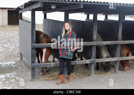 Donna tendente a cavalli in maneggio Foto Stock