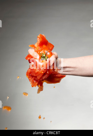 Schiacciamento mani di pomodoro crudo Foto Stock