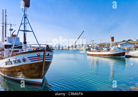 Grandi barche da pesca nel porto di Husavik Nord Est Islanda EU Europe Foto Stock