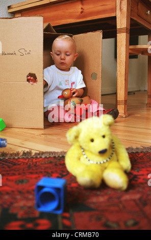 Giochi per bimbi (11 mesi) con del cartone, Berlino Foto Stock