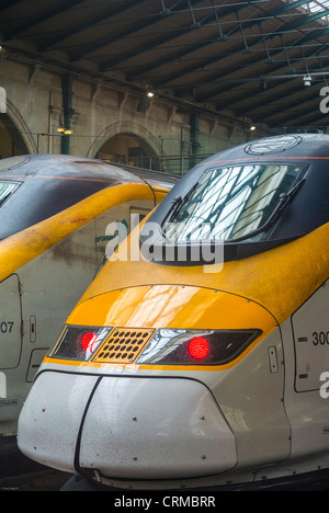 Parigi, Francia, fronte, dettaglio, Eurostar, T.G.V. Bullet Train, per Londra nella stazione ferroviaria, 'Gare de Nord', treni elettrici Foto Stock