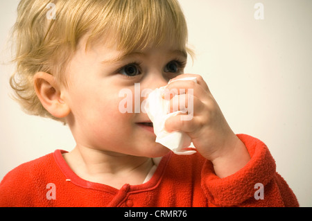 Un giovane bambino tergi il suo naso Foto Stock