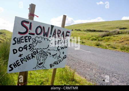 Slow Araf umoristico segno dipinte a mano dal lato del Welsh mountain road avvertimento all attenzione di pecore, cani e pastori Powys Wales UK Foto Stock