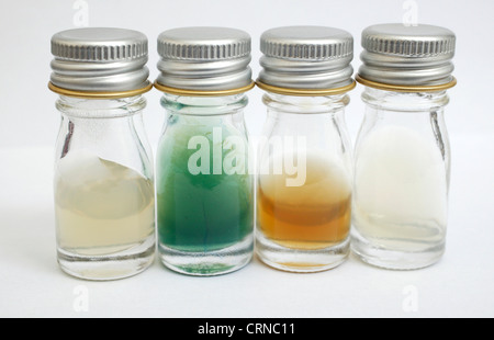 Quattro piccole bottiglie di vetro contenenti variamente liquido colorato. Foto Stock