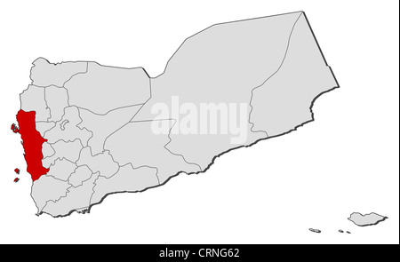 Mappa politico dello Yemen con i vari governatorati dove Al Hudaydah è evidenziata. Foto Stock