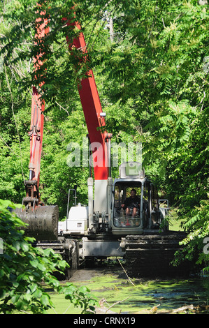 Sgombero gru detriti di canale da un incolto canal off the Fox River nel nord dell'Illinois. Foto Stock