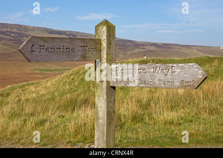 Pennine Way sentiero segno vicino a Pen Y Gand che mostrano la direzione e la distanza per Malham Tarn. Foto Stock
