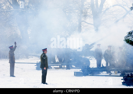 Pistola 21 salute nel Museo Giardini da 35 batteria 39 del Reggimento di Artiglieria reale per celebrare il Giubileo di diamante della regina Elisabetta II Foto Stock