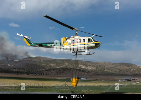 Elicottero foresta di antenna di combattimento aereo della benna di riempimento con acqua dal laghetto per caduta sulle fiamme e hot spot. Foto Stock