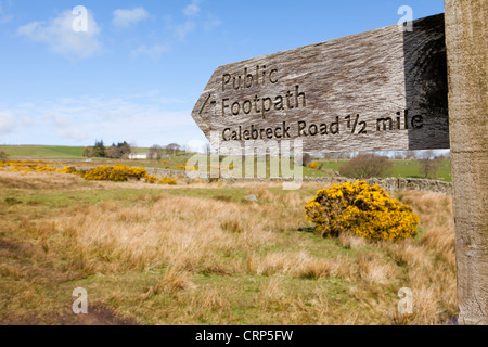 Un sentiero pubblico segnaletica nel Parco Nazionale del Distretto dei Laghi a Caldbeck Commons, Cumbria Foto Stock