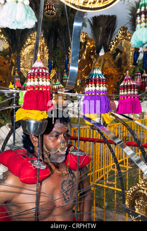 Immagine di un devoto indù che trasportano santuario portatile durante il Thaipusam a Singapore, Sud Est asiatico Foto Stock