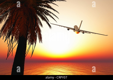 Aeroplano lasciando paradiso tropicale 3D render Foto Stock