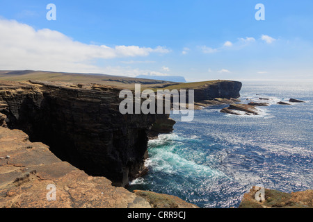 Vista lungo la costa frastagliata del vecchio rosso scogliere di arenaria ad ovest sulla costa continentale a Yesnaby Isole Orcadi Scozia UK Foto Stock