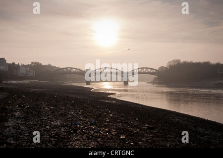 Barnes Bridge in una nebbiosa tramonto, Londra Foto Stock