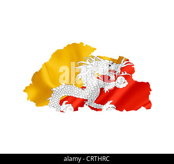 Mappa di Bhutan con sventola bandiera isolato su bianco Foto Stock