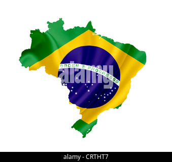 Mappa del Brasile con sventola bandiera isolato su bianco Foto Stock