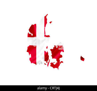 Mappa di Danimarca con sventola bandiera isolato su bianco Foto Stock