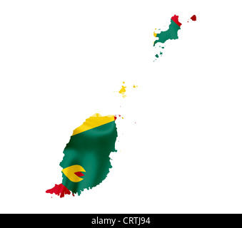 Mappa di Grenada con sventola bandiera isolato su bianco Foto Stock