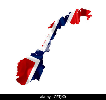 Mappa di Norvegia con sventola bandiera isolato su bianco Foto Stock